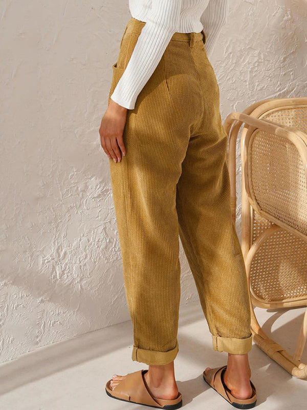 High Waist Solid Color Corduroy Loose Straight Leg Trousers