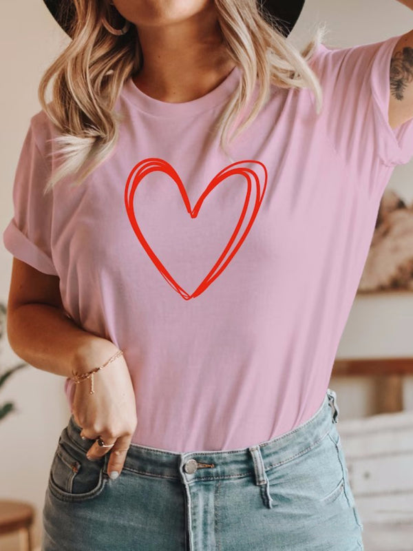 Round neck cotton heart printed short-sleeved t-shirt