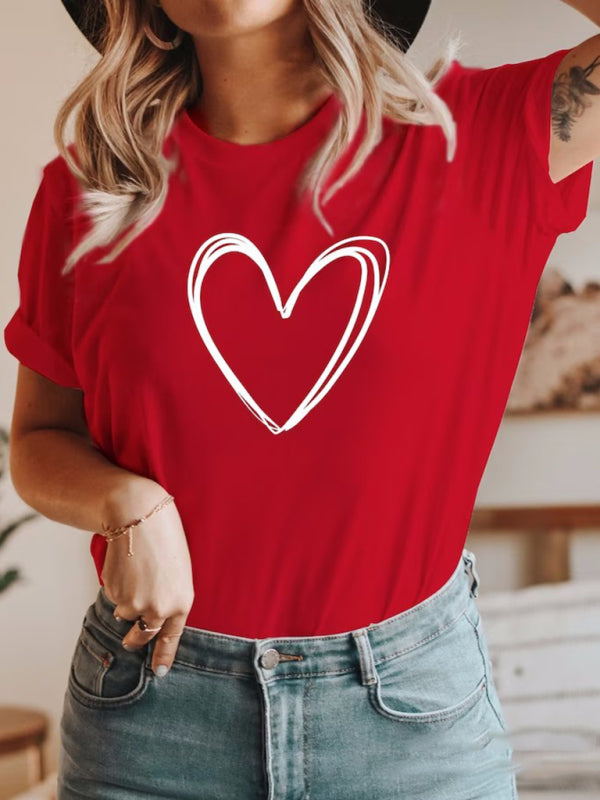 Round neck cotton heart printed short-sleeved t-shirt