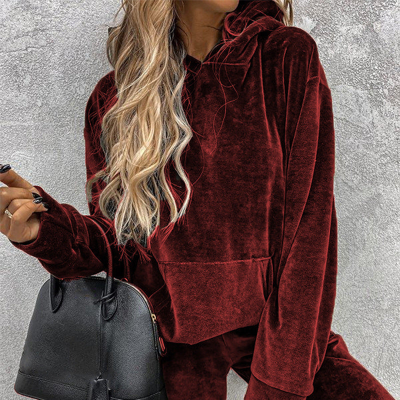 Women's solid color hooded sports casual velvet set