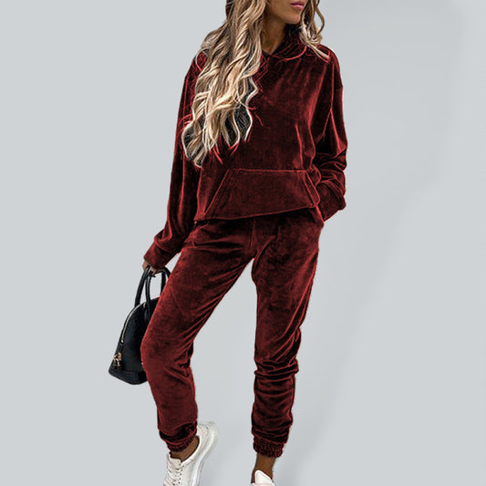 Women's solid color hooded sports casual velvet set
