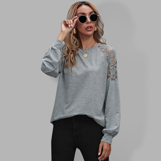 Round neck lace cutout long-sleeved T-shirt