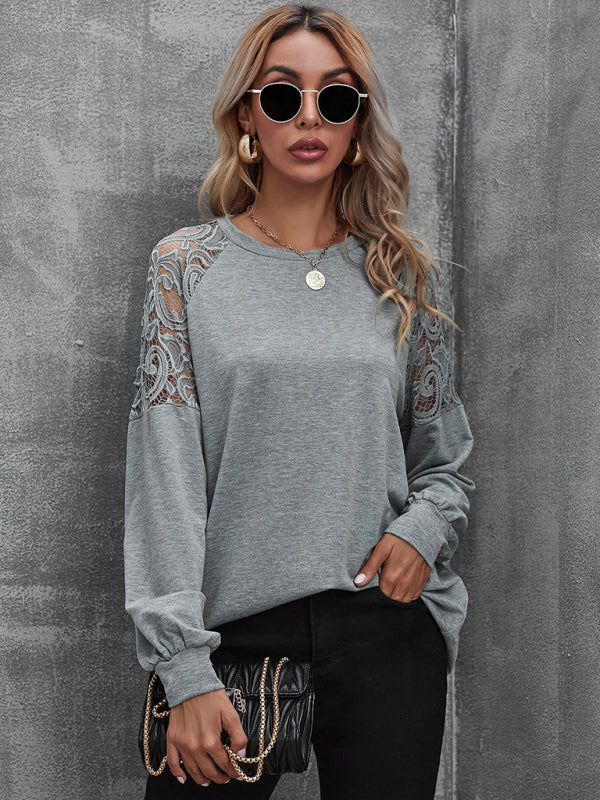 Round neck lace cutout long-sleeved T-shirt