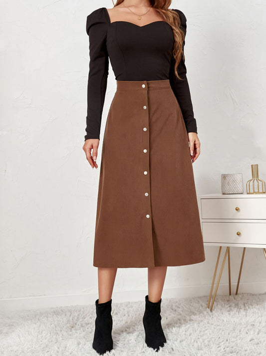 Corduroy Single Breasted High Waisted Skirt