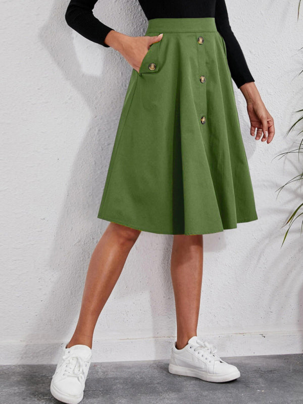 Women's Pocket Button Elegant Midi Skirt