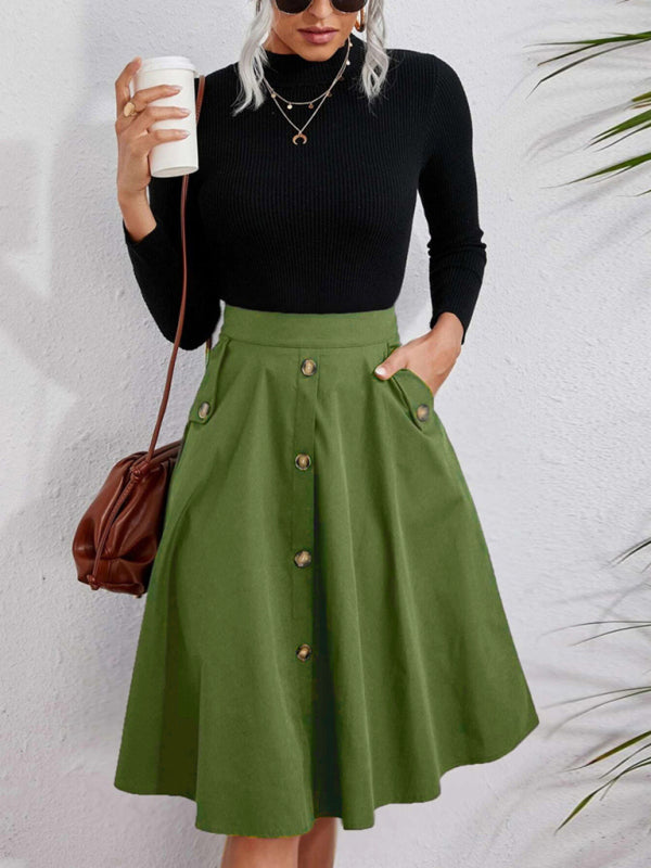 Women's Pocket Button Elegant Midi Skirt