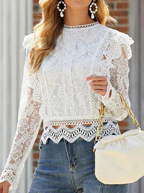 Hollow lace long-sleeved fresh and sweet beauty top