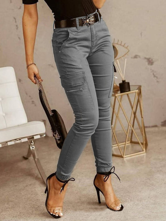 Women's low waist solid color pocket bound trousers
