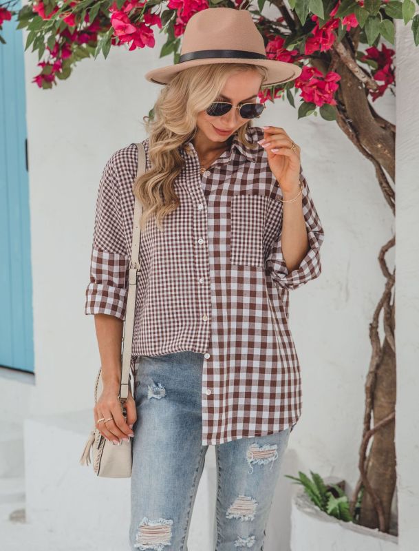 Women's casual loose woven long-sleeved asymmetric plaid shirt