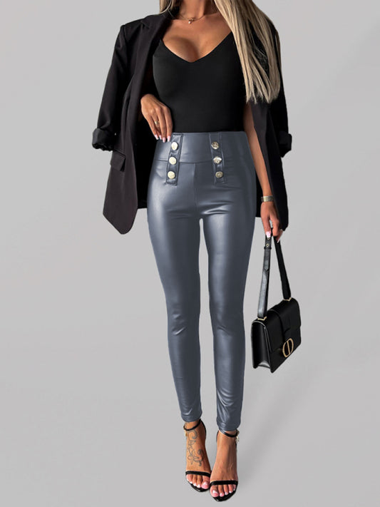 Women's solid color button-down skinny casual PU leather pants