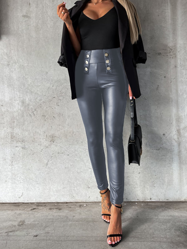 Women's solid color button-down skinny casual PU leather pants