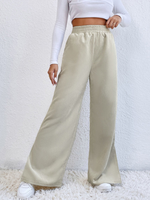 Women's solid color corduroy paneled slit wide-leg trousers