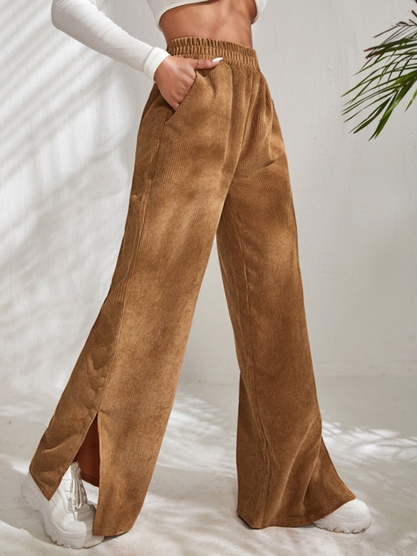 Women's solid color corduroy paneled slit wide-leg trousers