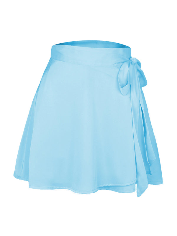 Solid Color High Waist Tie Chiffon Satin Wrap Skirt