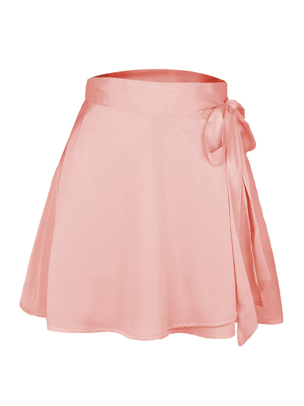 Solid Color High Waist Tie Chiffon Satin Wrap Skirt