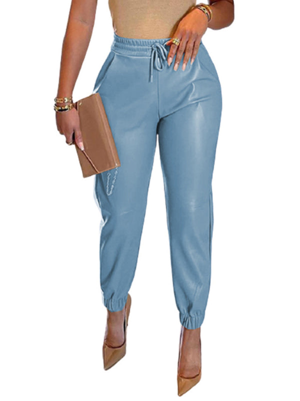 Women's Solid Color Drawstring Pocket PU Leather Pants