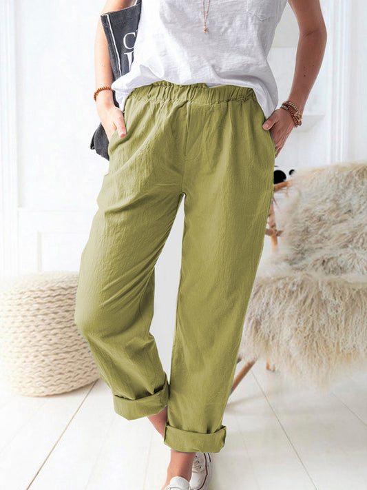 Solid color casual high waist straight trousers