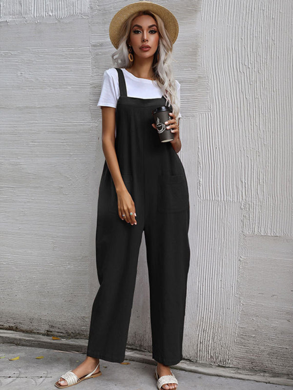Pure color sleeveless suspenders one-piece overall