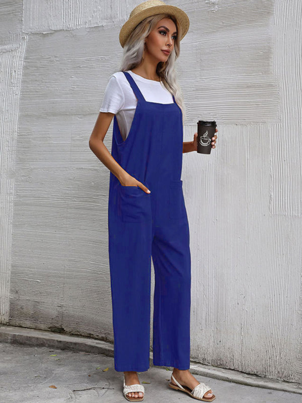 Pure color sleeveless suspenders one-piece overall