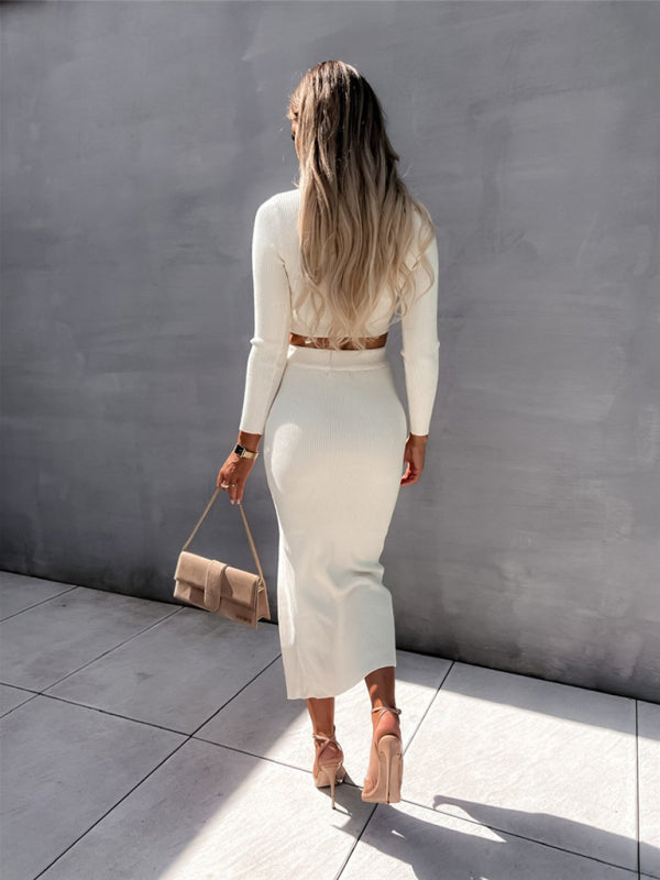 Solid color threaded long-sleeved slit dress two-piece set