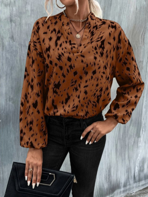 Women's leopard print full-print V-neck long-sleeved blouse