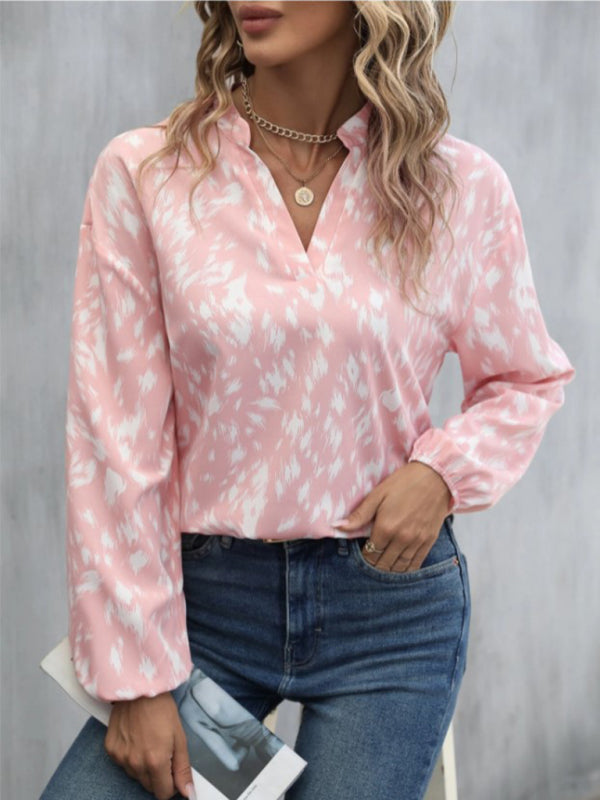 Women's leopard print full-print V-neck long-sleeved blouse