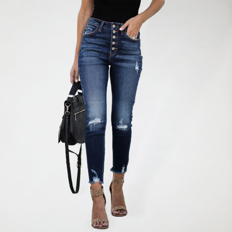 High Waist Breasted Fringed Small Feet Elastic Ripped Jeans