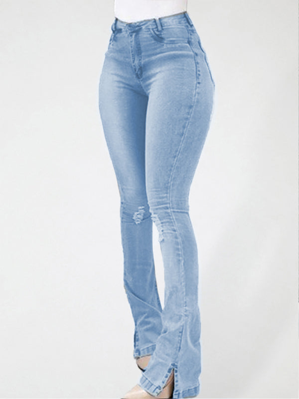 Elastic slit flared high waist jeans