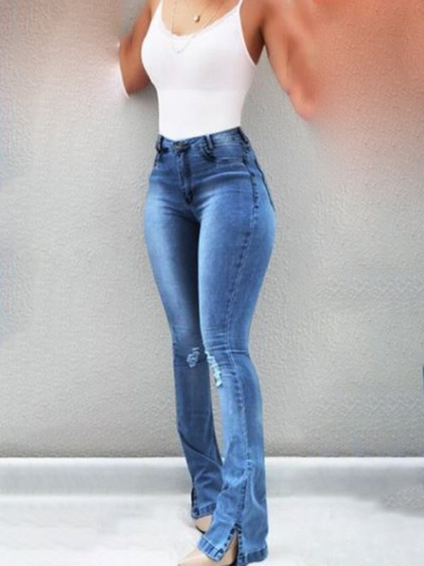 Elastic slit flared high waist jeans