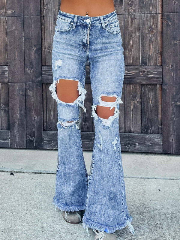 Women's ripped tassel flared jeans
