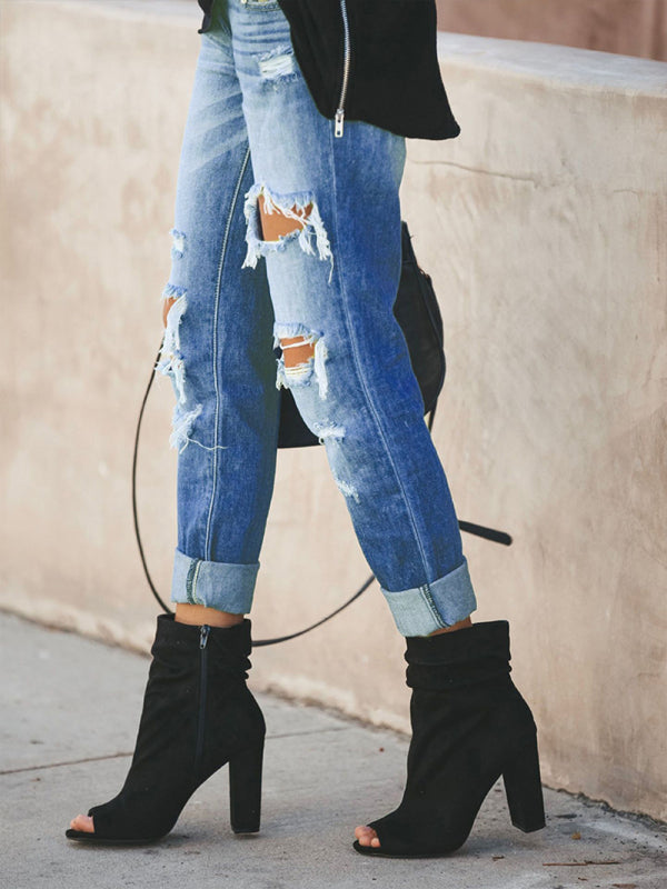 Casual washed ripped straight leg street style jeans