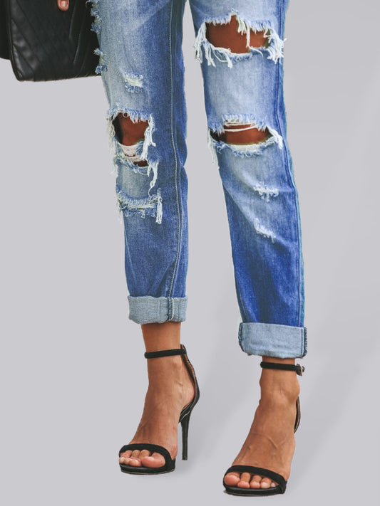 Casual washed ripped straight leg street style jeans