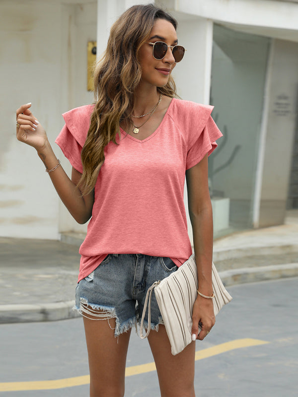 Solid color V-neck double layer ruffled sleeve loose top