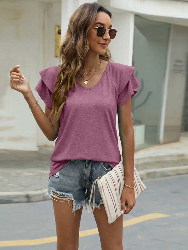 Solid color V-neck double layer ruffled sleeve loose top