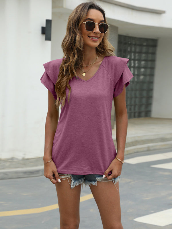 ग्रीष्मकालीन नई ठोस रंग वी-गर्दन डबल परत झालरदार आस्तीन ढीला शीर्ष टी-शर्ट
