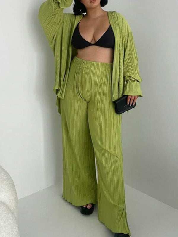 Women's Solid Color Pressed Pleated Long Sleeve Shirt Trousers Two-Piece Set