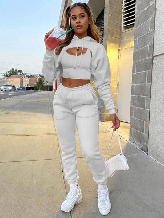 Women's Drawstring Solid Color Hoodie Long Sleeve Drawstring Trousers Vest Three-Piece Set
