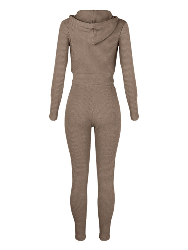 Women's hooded cardigan long sleeve zipper casual set