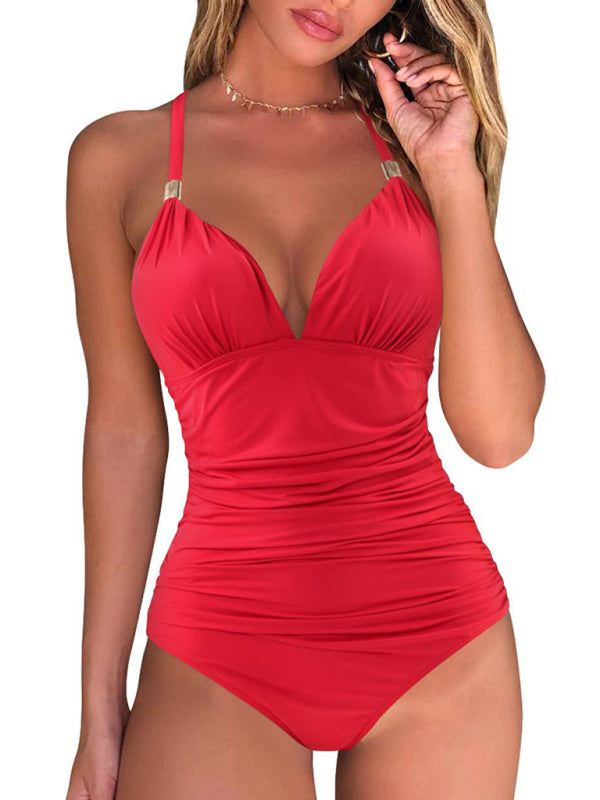 One Piece Conservative Leopard Print Halter Red Backless Swimsuit