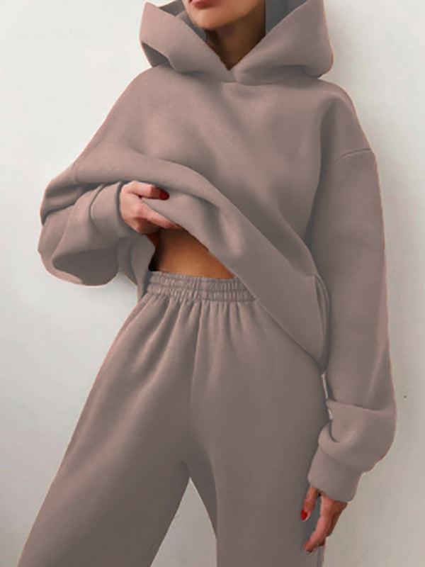 Women's solid color casual trousers thickened long-sleeved hooded set