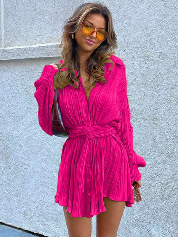 Pleated Long Sleeve Belted Shirt Dress