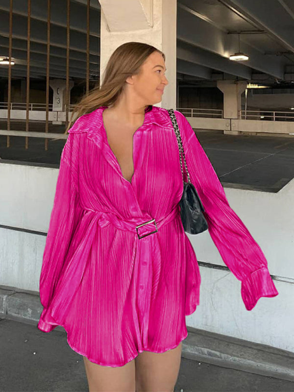 Pleated Long Sleeve Belted Shirt Dress