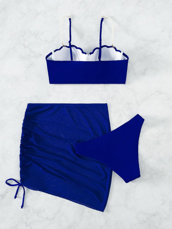 Women's solid color shell shape bikini three-piece set