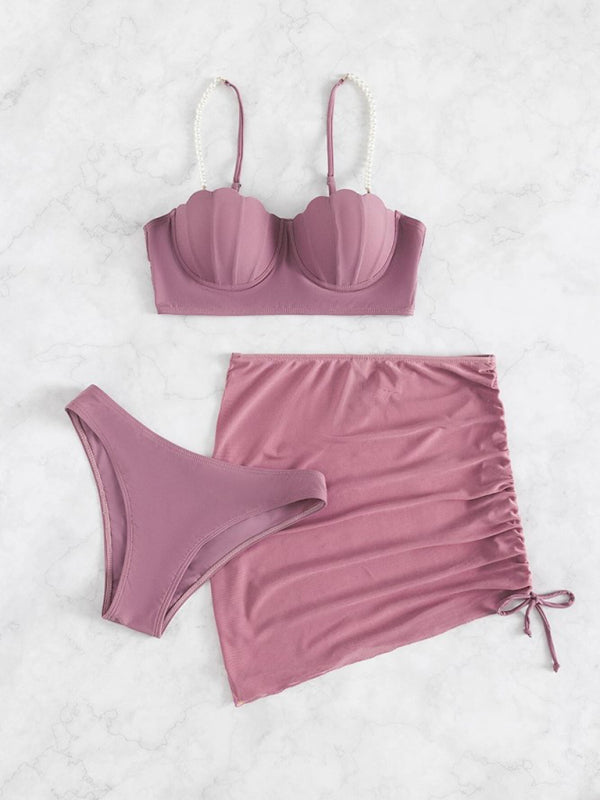 Women's solid color shell shape bikini three-piece set