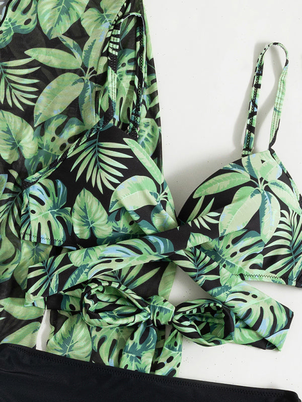 Women's tropical print bikini three-piece set