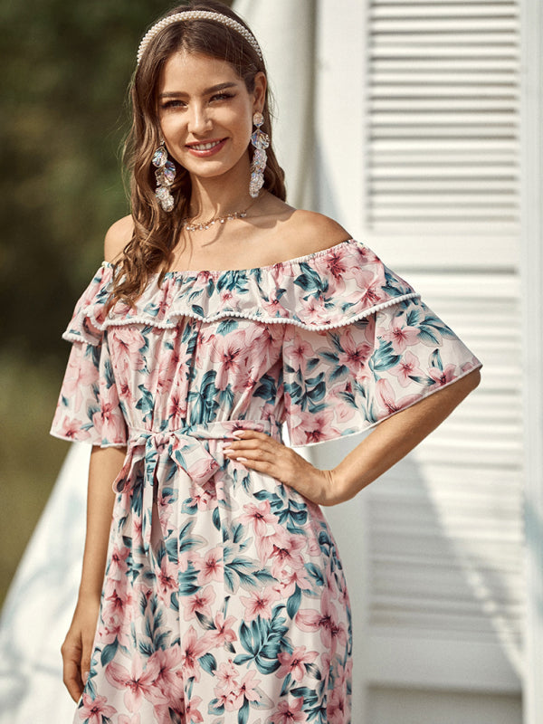 Women's woven one-shoulder floral ruffled jumpsuit