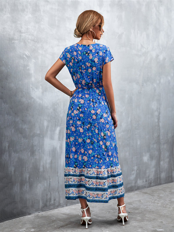 महिलाओं की छोटी आस्तीन वाली वी-गर्दन लंबी बोहेमियन मैक्सी ड्रेस