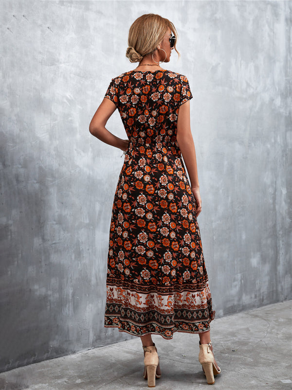 Women's Woven V-Neck Long Bohemian Dress