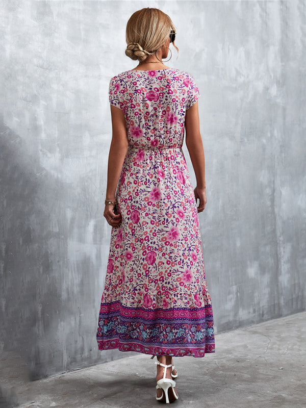महिलाओं की छोटी आस्तीन वाली वी-गर्दन लंबी बोहेमियन मैक्सी ड्रेस