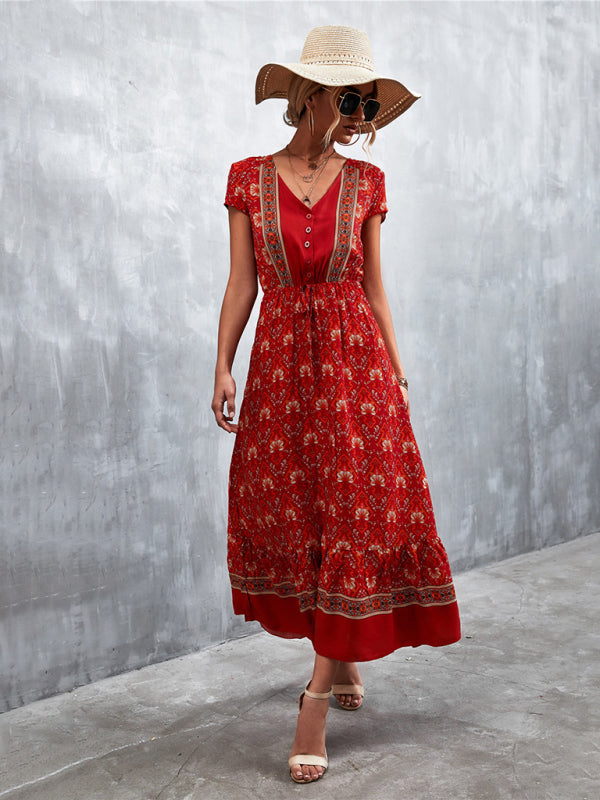 Women's Woven V-Neck Long Bohemian Dress